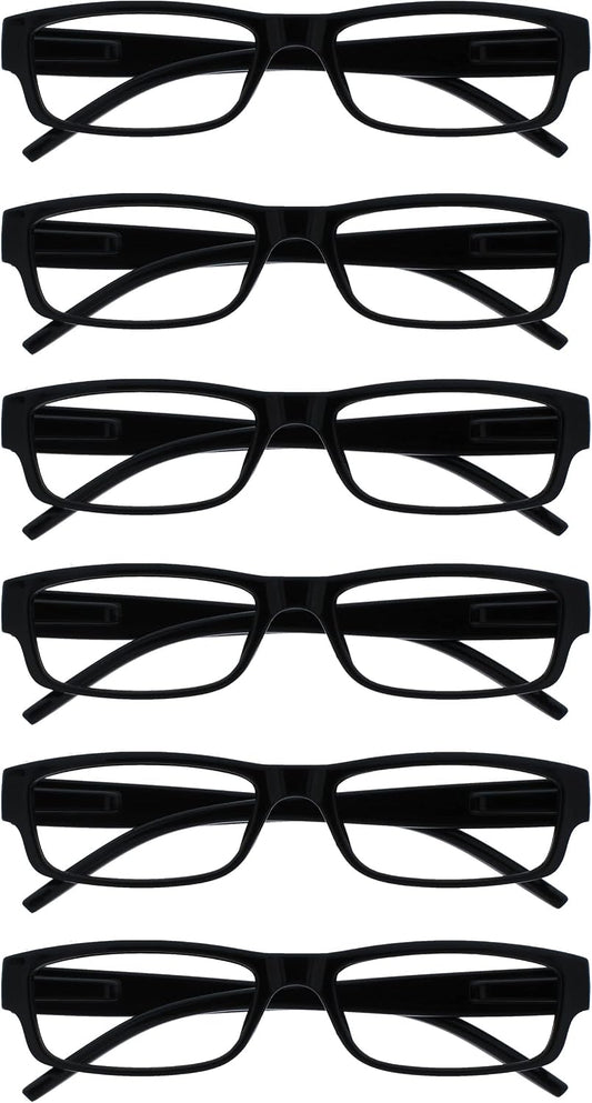 OPULIZE ACE Reading Glasses for Women Men, Lightweight Comfortable Narrow Rectangular Frame with Spring Hinges, Scratch Resistant, Black +3.00 (Pack of 6)
