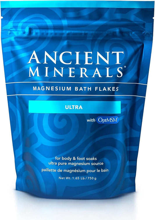 Ancient Minerals Magnesium Bath Flakes Ultra with OptiMSM â Pure Zechstein Magnesium Chloride and Organic Sulfur Bath Salts, Soothing Mineral Soak for Skin & Body, 1.65 lb