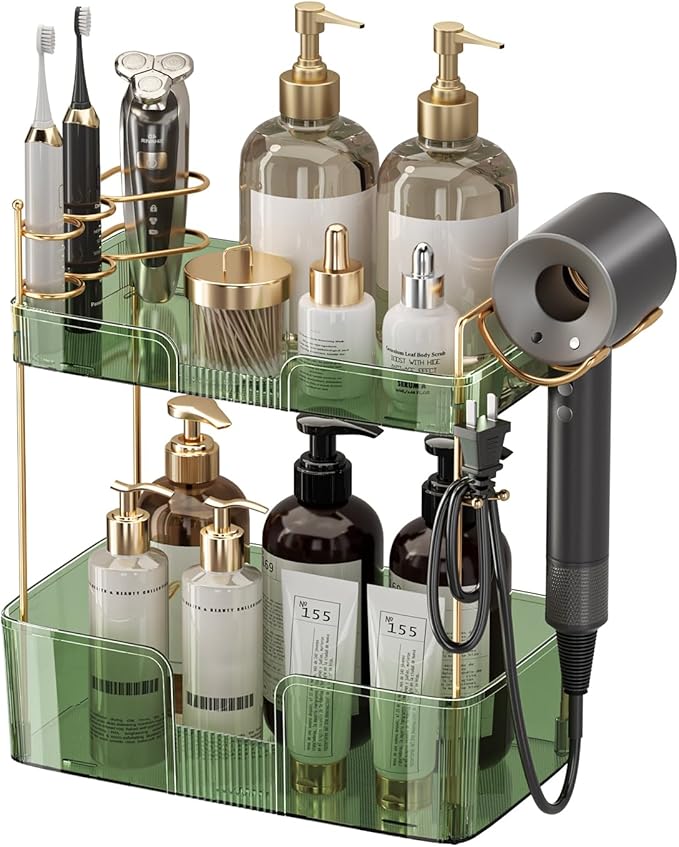 YCIA&DONE Luxury Bathroom Counter Organizer, Large Makeup Organizer Countertop, Shelf Organizer, Vanity Tray, Easily Assemble for Bathroom Organizers and Storage, Undersink, Cabinet, 2 Tiers Green