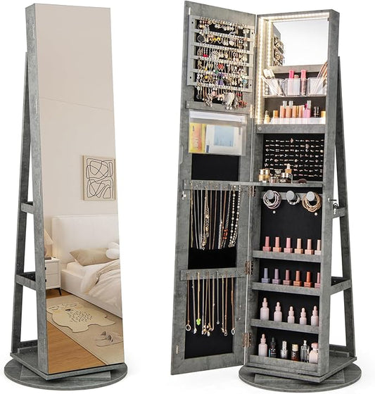 Mirror Jewelry Cabinet Standing with Full Length Mirror, 360Â° Swivel Jewelry Armoire with 3-Color LED Lights & Foldable Makeup Shelf, Lockable Organizer for Women, Space-Saving (Stone Gray)