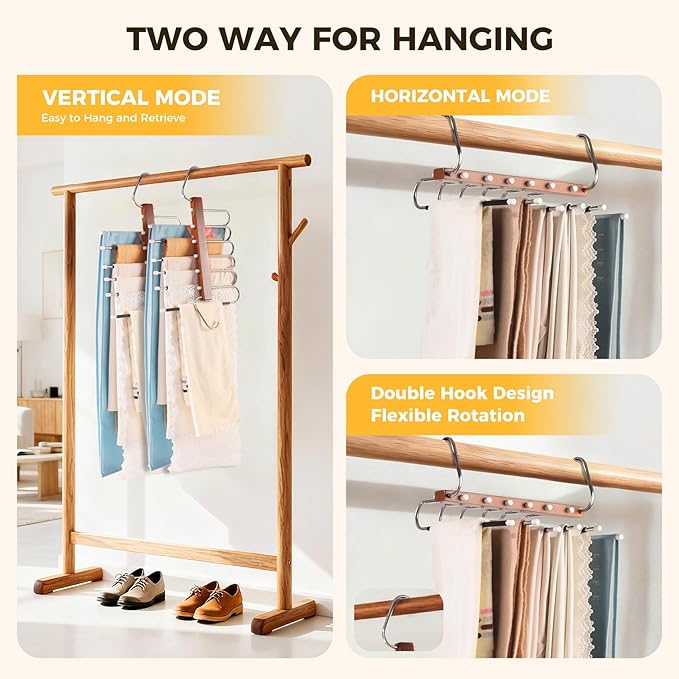 Pants Hangers Space Saving, 4 Packs Wooden Closet Organizer, Anti-Slip Design Leggings Hanger, Multi-Layer Clothing Pant Rack for Jeans, Trousers, Skirts, Scarves & Slacks