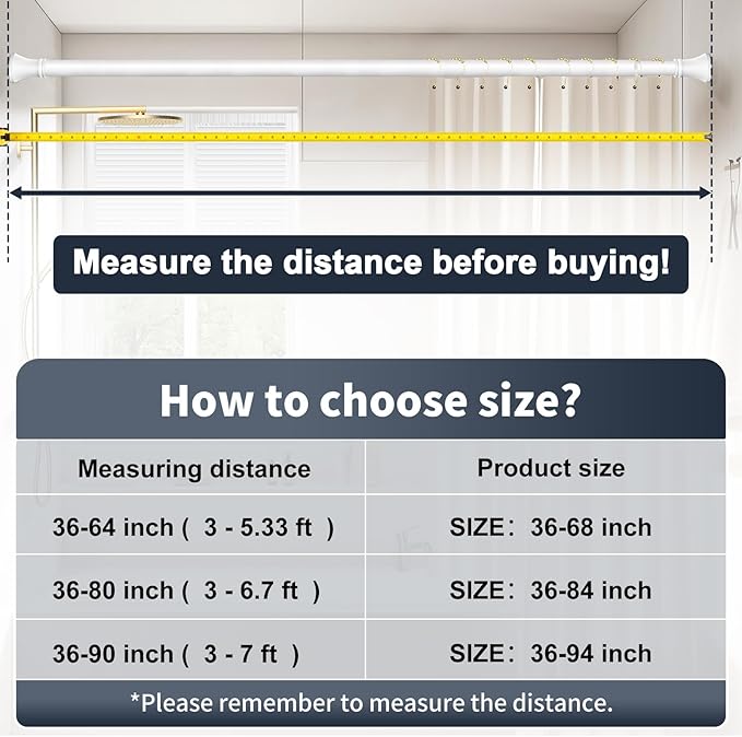 YNL White Shower Curtain Rod 36-84 Inch(3-7ft), No Slip No Drill Stainless Steel Spring Tension Curtain Rod, No Rust Shower Rod Adjustable For Bathroom Window Bedroom
