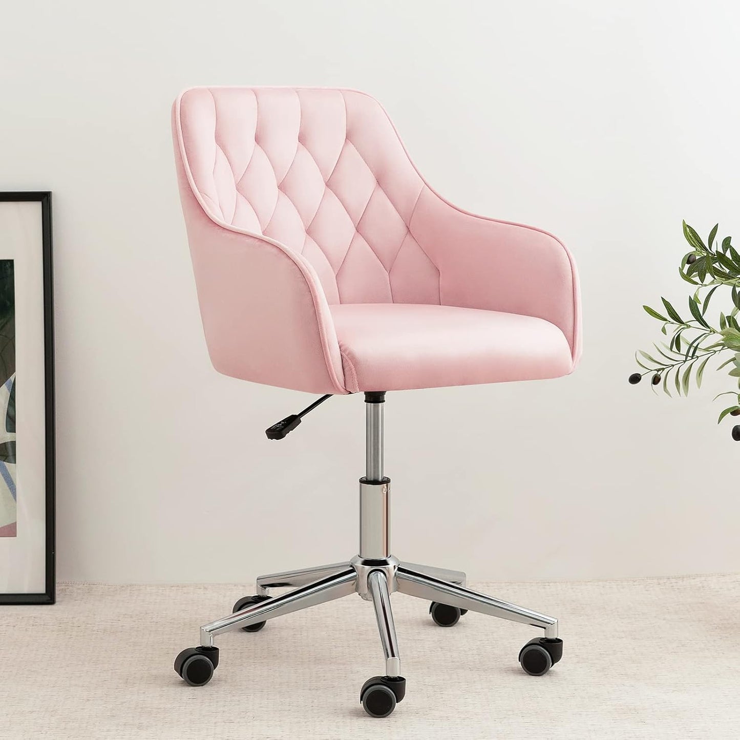 VANSPACE Velvet Desk Chair Vanity Chair for Makeup with Wheels and Back Home Office Chair Adjustable Rolling Swivel Chair for Bedroom Vanity Room Pink