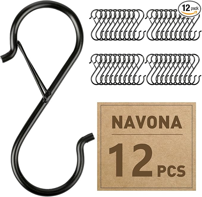 12 Pcs S Hooks for Hanging Heavy Duty, 3.5-inch Heavy Duty Metal S Hook with Safety Buckle, Suitable for 0.5 inch Rods, S Hook for Hanging Plants, Closet, Kitchen Utensil, Pot, Pan, Bags