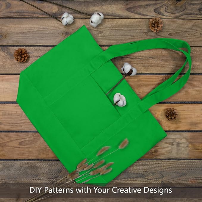 TOPDesign 6-Pack Canvas Tote Bags with an External Pocket, Reusable Grocery Shopping Bags, Top Zipper Closure, Daily Essentials (Lime Green)