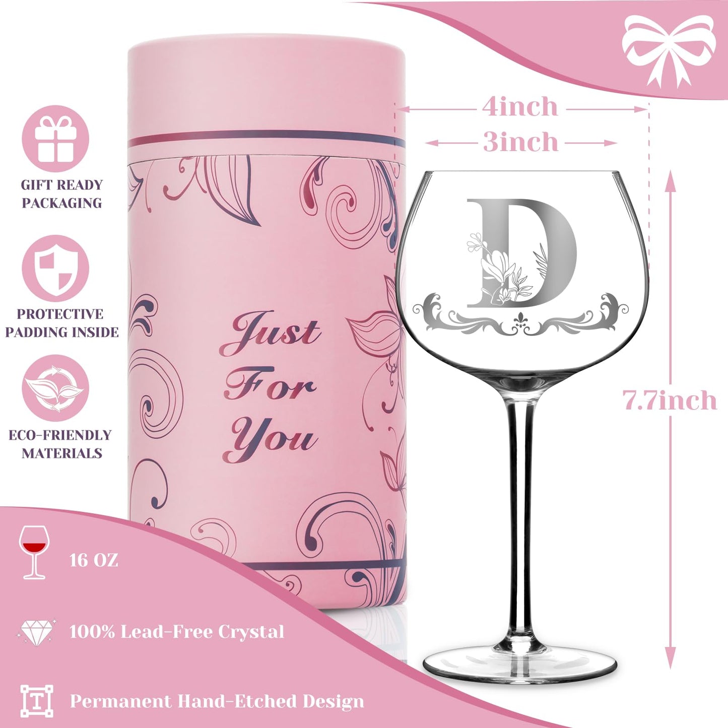 Personalized Monogram Gifts for Women - Customized Initial A-Z Wine Glass, Unique Birthday Christmas Gifts for Her, Mom, Wife, Sister, Daughter, Friend (Letter D)