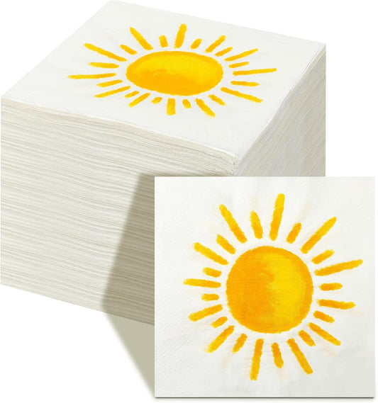 Yeaqee 100 Pcs First Trip Around The Sun Napkins, Boho Sunshine Paper Napkins for 1st Birthday, Baby Shower, Party Decorations, 13" x 13" Disposable Cocktail Luncheon Paper, Vibrant Yellow Sun Design
