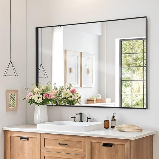 Melodieux Wall Vanity Bathroom Mirror for Over Sink, 30"x40" Rounded Rectangle Metal Deep Frame Wall Mounted Mirror Wall Decor for Living Room Hallway, Black