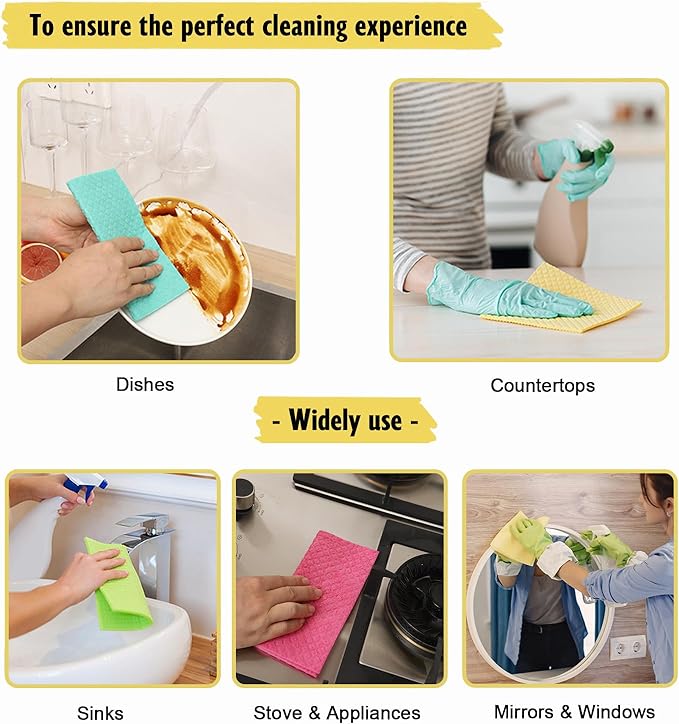 MoLKENE Swedish Dishcloths for Kitchen | 10 Pack Absorbent Cellulose Sponge Cloths Washable | Non-Scratch Reusable Paper Towels Quick Drying Cleaning Rag - Yellow