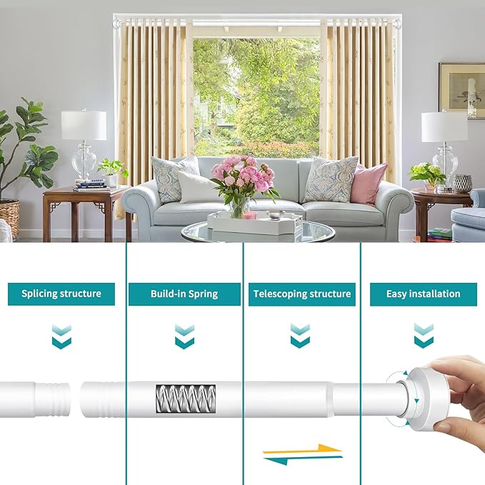 YNL Tension Shower Curtain Rod 34-66 Inch, Adjustable Spring Tension Curtain Rod No Drilling, Non-Slip, Never Rust, Stainless Steel, for Small Window Laundry Door Entryway,White