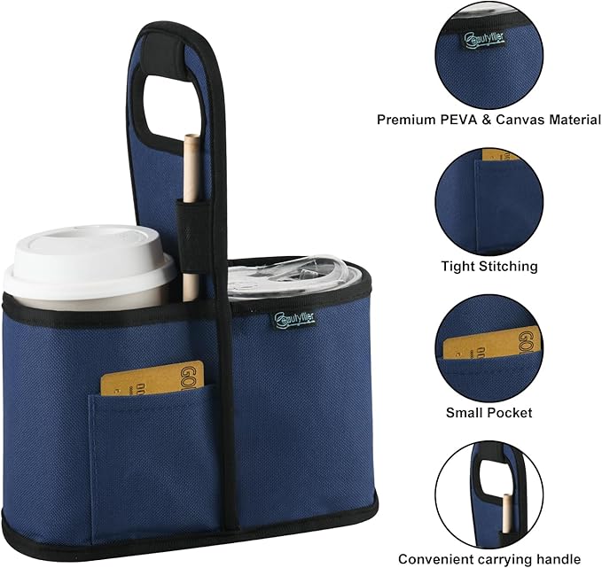 Beautyflier Drink Carrier with Handle for Delivery Reusable Insulated Coffee Cup Carrier Portable Cup Holder with Handle Organizer Tote Bag for Hot & Cold Drinks (2 Cup, Blue)