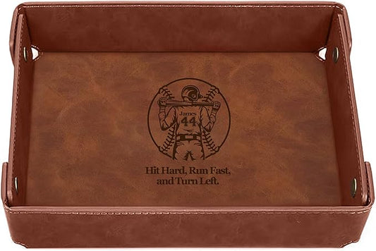 Personalized Baseball Valet Tray â Engraved PU Leather Catchall in Light Coffee â Custom Name Nightstand Organizer for Keys, Wallet, Jewelry, and Essentials â Unique Gift for Baseball Fans
