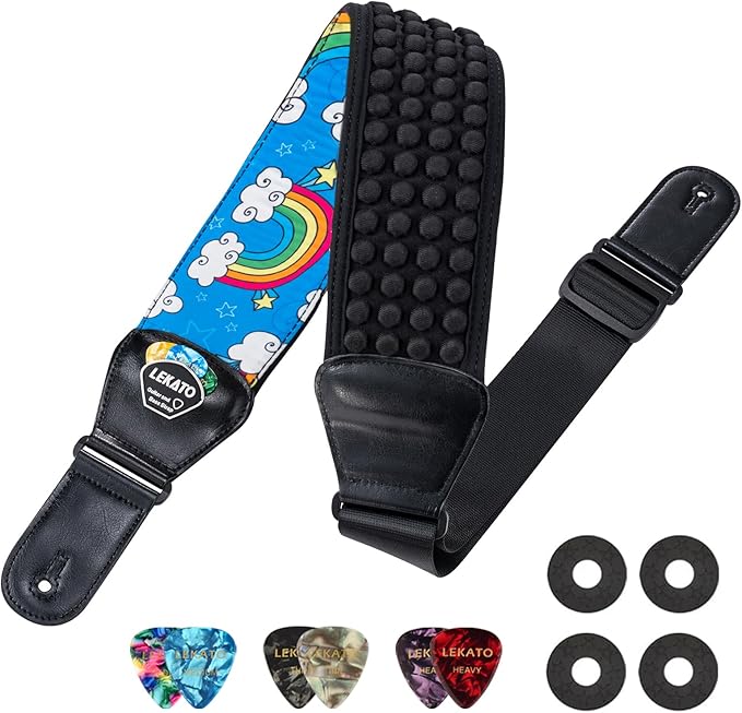 LEKATO Guitar Bass Strap for Electric Guitar Bass, 3" Wide Padded Guitar Strap Neoprene Pad with 3D Sponge Filling Adjustable Length from 45" to 55" with Strap Locks, Picks, Rainbow