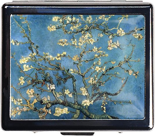 Silver Vintage Pill Box 7 Day Metal Pill Box with Mirror and 8 Compartments Cute Travel Pill Organizer for Purse (Art Almond Blossoms)