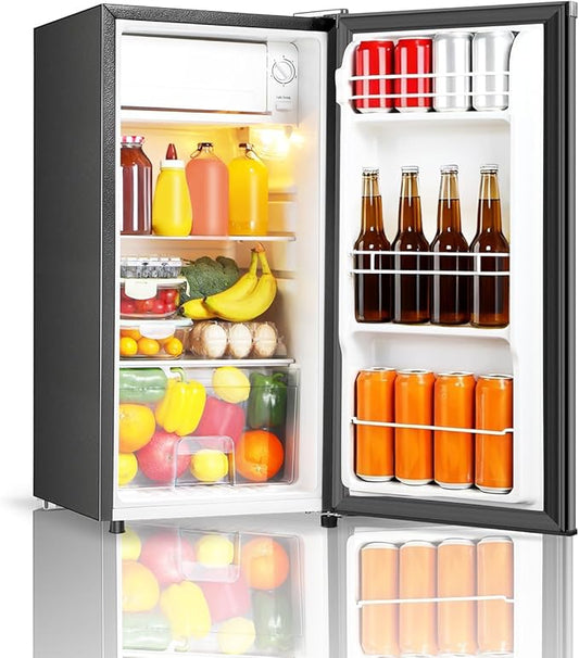 Seaoola Mini Fridge with Freezer, Single Door 3.1 Cu.Ft, Compact Mini Refrigerator, LED Light, Adjustable Thermostat, Removable Glass Shelves, Small Refrigerator for Dorm/Office/Bedroom(Sliver)