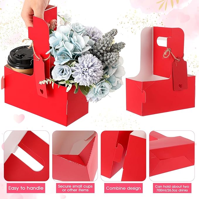 MotiMind 8 Pack Mother's Day 2 Cup Drink Carrier with Handle, Kraft Paperboard Teacher Cup Holder Portable for Hot Cold Drinks, Coffee Carrier Gift with Heart Card Rope (Red,Pink)