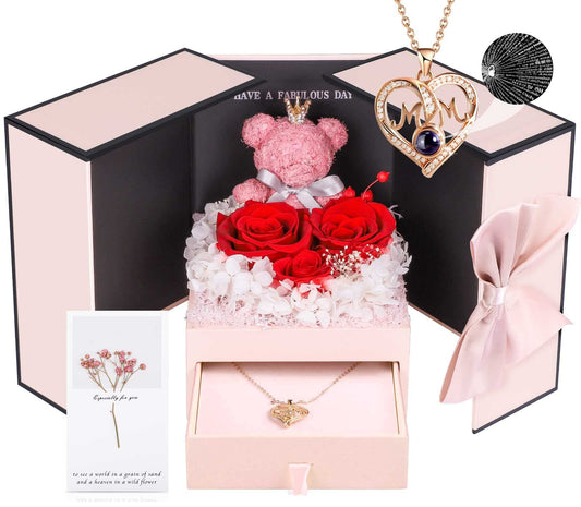 ADDWel Birthday Gifts for Mom from Daughter and Son, Unique Mother Birthday Gift Idea, Preserved Real Roses with I Love You in 100 Languages Mom Necklace, Cool Present to Mother Mama