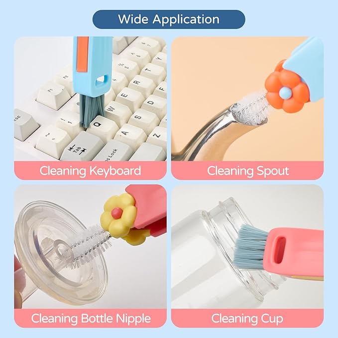 3 in 1 Bottle Gap Cleaning Brush, Multifunctional Cup Lid Gap Cleaner, Portable Crevice Cleaning Brush Set, Suitable for Household Use and Carry Outdoors, for Bottle Gap Tight Spaces Cup (Pink)
