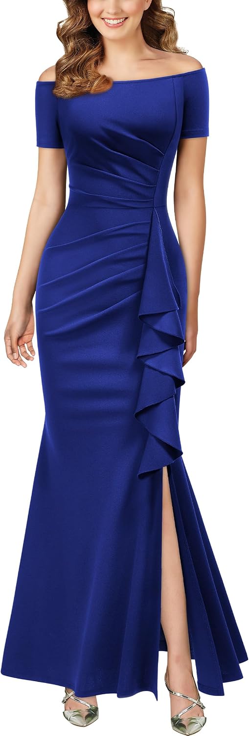 AISIZE Women's Elegant Off Shoulder Ruffle Formal Evening Long Dress