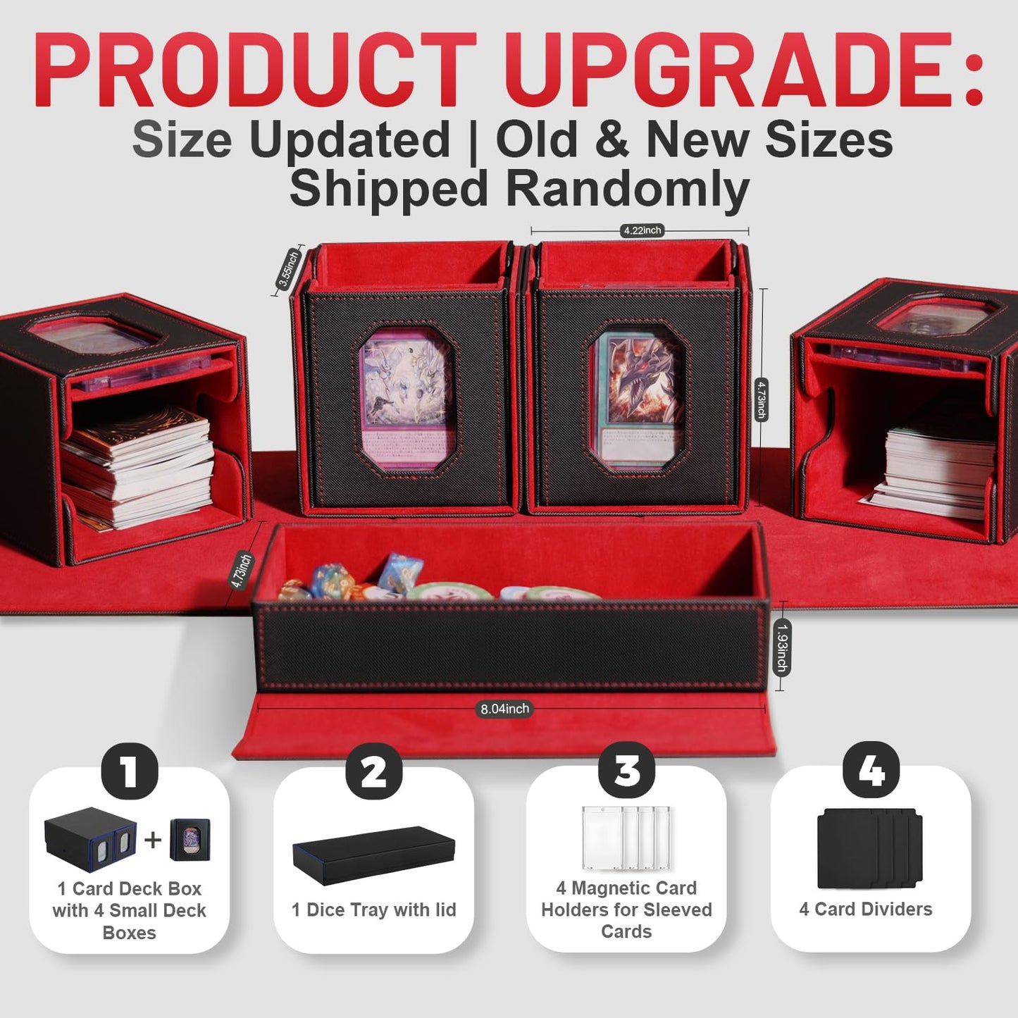 Trading Card Storage Box with Commander Display for MTG, TCG, Sports Cards, 5-in-1 Card Deck Box, Holds 450+ Double-Sleeved Cards, 4 Individual Deck Cases with Covers, Dice Tray & Magnetic Holders