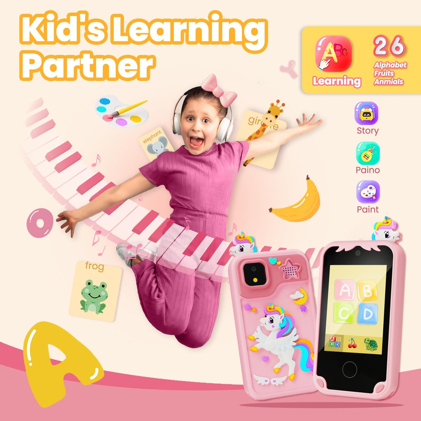 Kids Phone for Girl Toys, Kids Camera Toy Smart Phone Birthday Gifts Toddler Ages 2, 3, 5, 7, 8, 10 Year Old, Educational Learning Toys with 2.8" Touchscreen, Music Player, Video Player, Game (Pink)