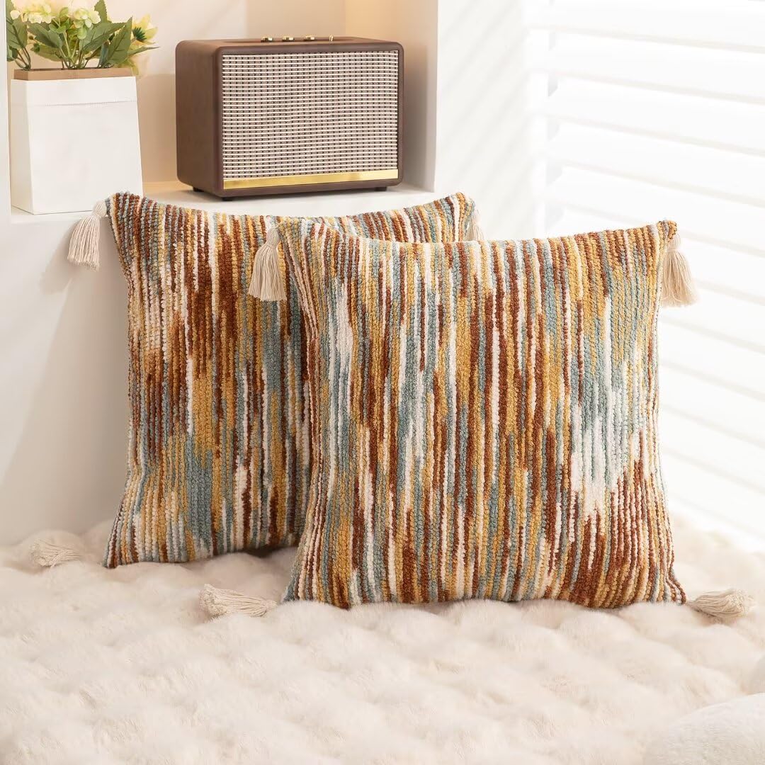 WANLIRD Boho Throw Pillow Covers 18x18 Set of 2 Woven Tufted Farmhouse Pillows Cover with Tassels Textured Striped Cushion Case Neutral Pillow Cases Decorative Pillowcase for Sofa Couch Bed,Rust