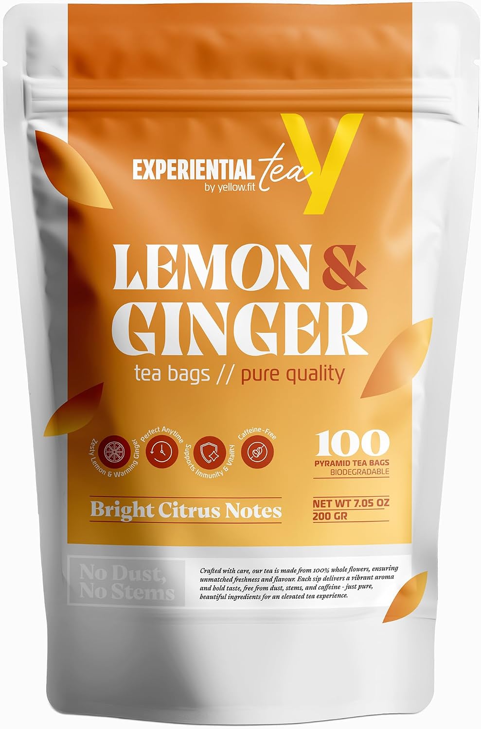 Yellow.fit Ginger Lemon Herbal Tea Bags – 1500mg Loose Leaf Tea Bags, Caffeine-Free Herbal Tea with Ginger Root & Lemon Peel, Plant-Based Tea Bags, 100 Count