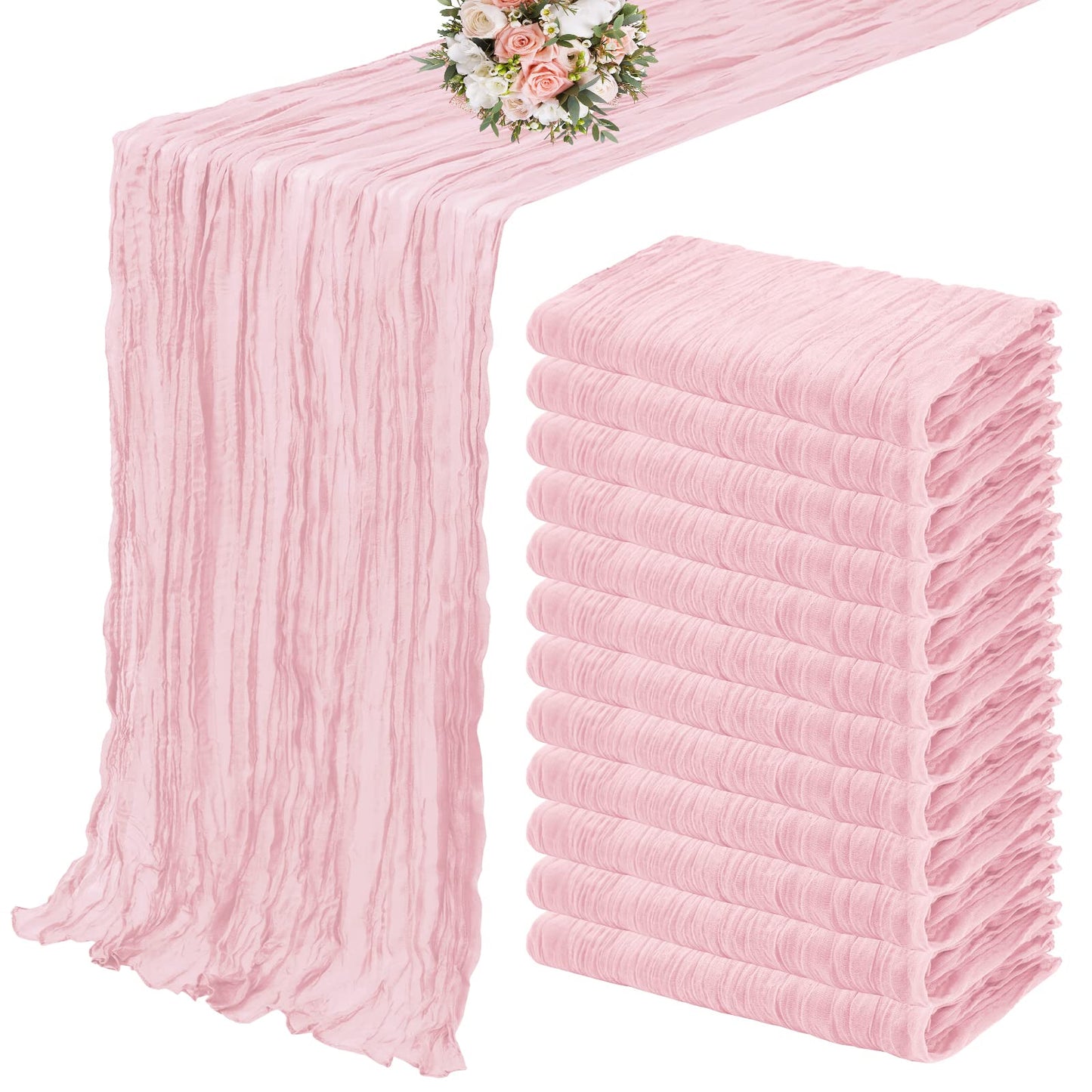 12 Pack Cheesecloth Table Runner 35 x 120 inch Long Boho Cheese Cloth Gauze Table Runners Semi Sheer Table Runner for Wedding Decor, Bridal Shower, Birthday Party (Light Pink)