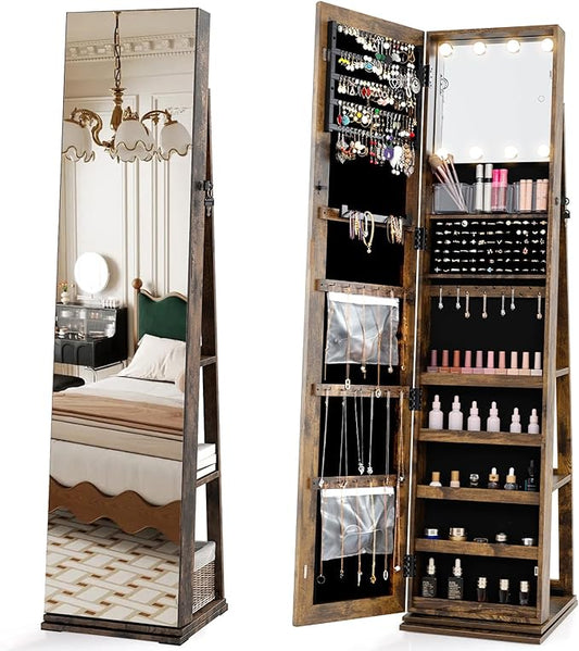 CHARMAID Swivel Jewelry Armoire with Full-Length Mirror & Lighted Makeup Mirror, 360Â° Rotating Jewelry Cabinet Organizer for Earrings, Rings, Necklaces, Bracelets, Back Storage Shelves (Rustic Brown)