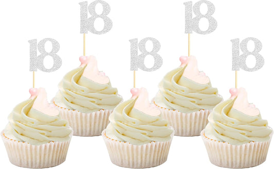 Sotpot 30 Pack Happy 18th Birthday Cupcake Toppers 18 Years Cupcake Decorations for 18th Birthday Anniversary Party Supplies Silver Glitter
