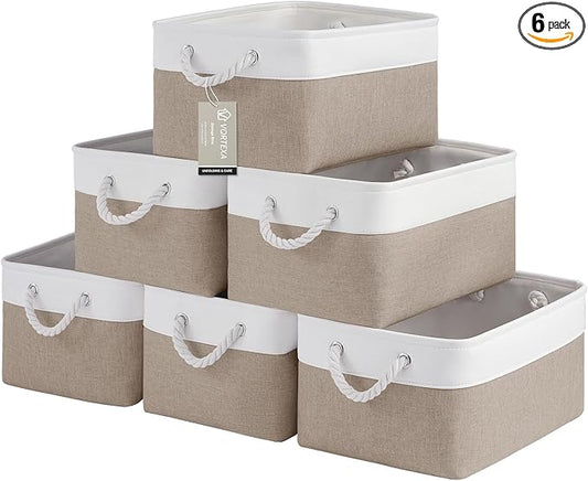 Large Storage Baskets- 15.7x11.8x8.26 inch Storage Bins for Shelves and Closet Organizing, Foldable Fabric Bin for Home Organization Clothes and Laundry (6-Pack, White&Khaki)