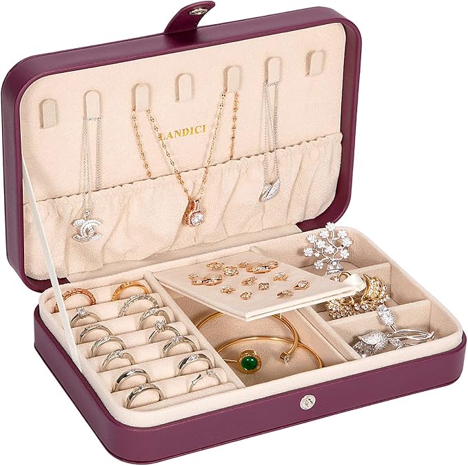 LANDICI Small Jewelry Box for Women Girls, PU Leather Travel Jewelry Case, Portable Jewelry Organizer Storage Holder Display for Ring Earrings Necklace Bracelet Bangle Men Kids Gift, Purple