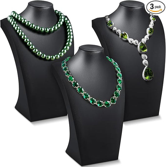 Kigley 3 Pcs Black PU Leather Jewelry Bust Display Stand Necklace Mannequin Holder for Jewelry Displays (13.4 x 8.1 Inch)