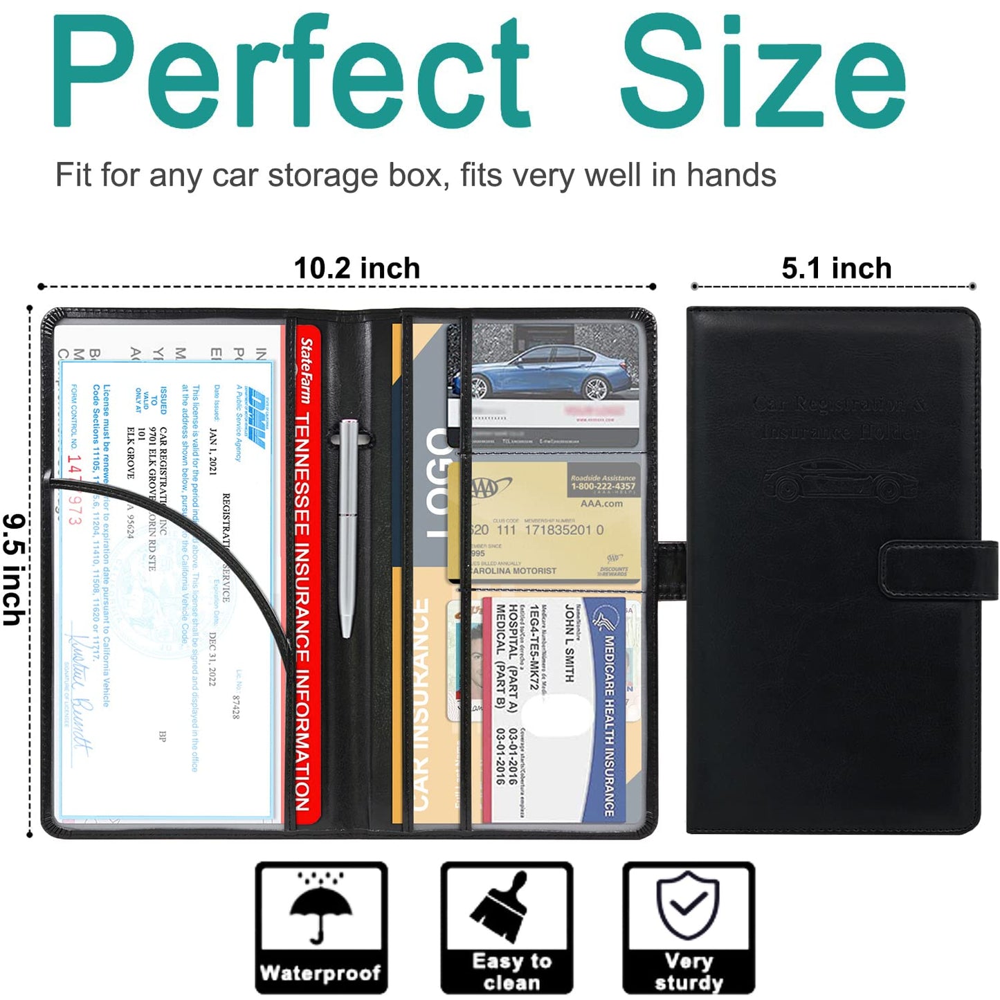 RSAquar Car Registration and Insurance Holder, Leather Car Glove Box Organizer, Cool Car Accessories for ID, Driver's License Cards & Essential Document, Men&Women, Black