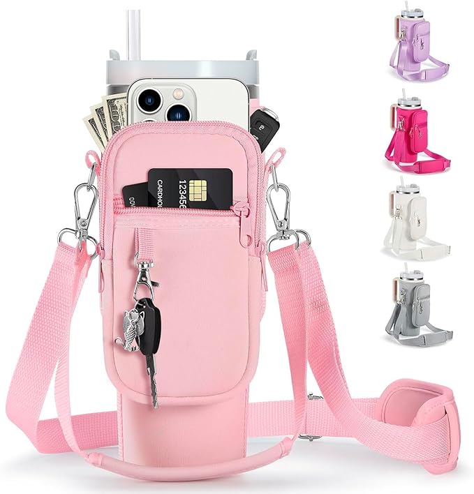 linmaya Water Bottle Carrier Bag for Stanley Cup 40/30oz with Phone Holder Pockets,Neoprene Water Bottle Cross-body Bag with Adjustable Shoulder & Hand Strap Stanley Cup Accessories