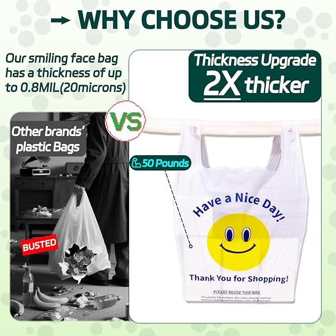 0.8Mil(20 Microns), 1000 Count, Plastic Bags with Handles, T-Shirt bags, Thank You bags, Shopping Bag, Grocery Bag, |for Store, Carry, Pack|, White, 1/6 Barrel, Large 11"x6"x21", Heavy Duty