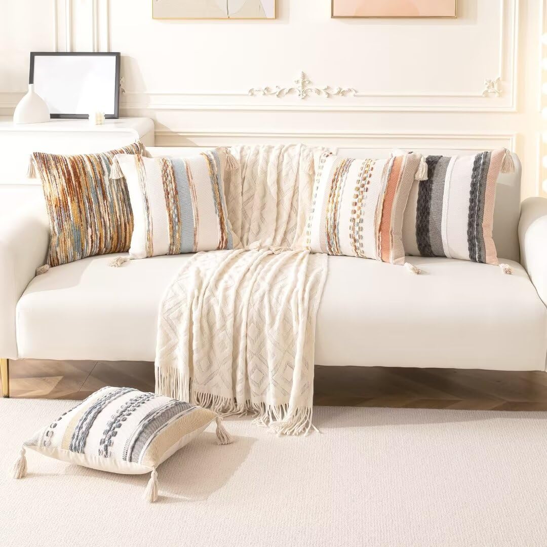 WANLIRD Boho Throw Pillow Covers 18x18 Set of 2 Woven Tufted Farmhouse Pillows Cover with Tassels Textured Striped Cushion Case Neutral Pillow Cases Decorative Pillowcase for Sofa Couch Bed,Rust