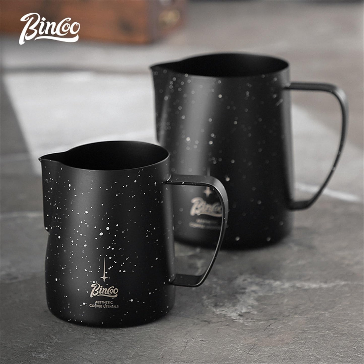 Bincoo Star Milk Frothing Pitcher 21oz/600ml,Espresso Steaming Pitcher,Espresso Machine Accessories,Milk Frother cup,Milk Coffee Cappuccino Latte Art for Home Coffee Bar(Black 20oz)