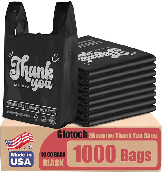 Glotoch 1000 Count Plastic Thank You T-shirt Bags Black, 11.5" x 6.5" x 21" Grocery Bags with Handles for Restaurant, Retail, Grocery Store, Takeout, Convenience Stores, Shopping Bag in Bulk