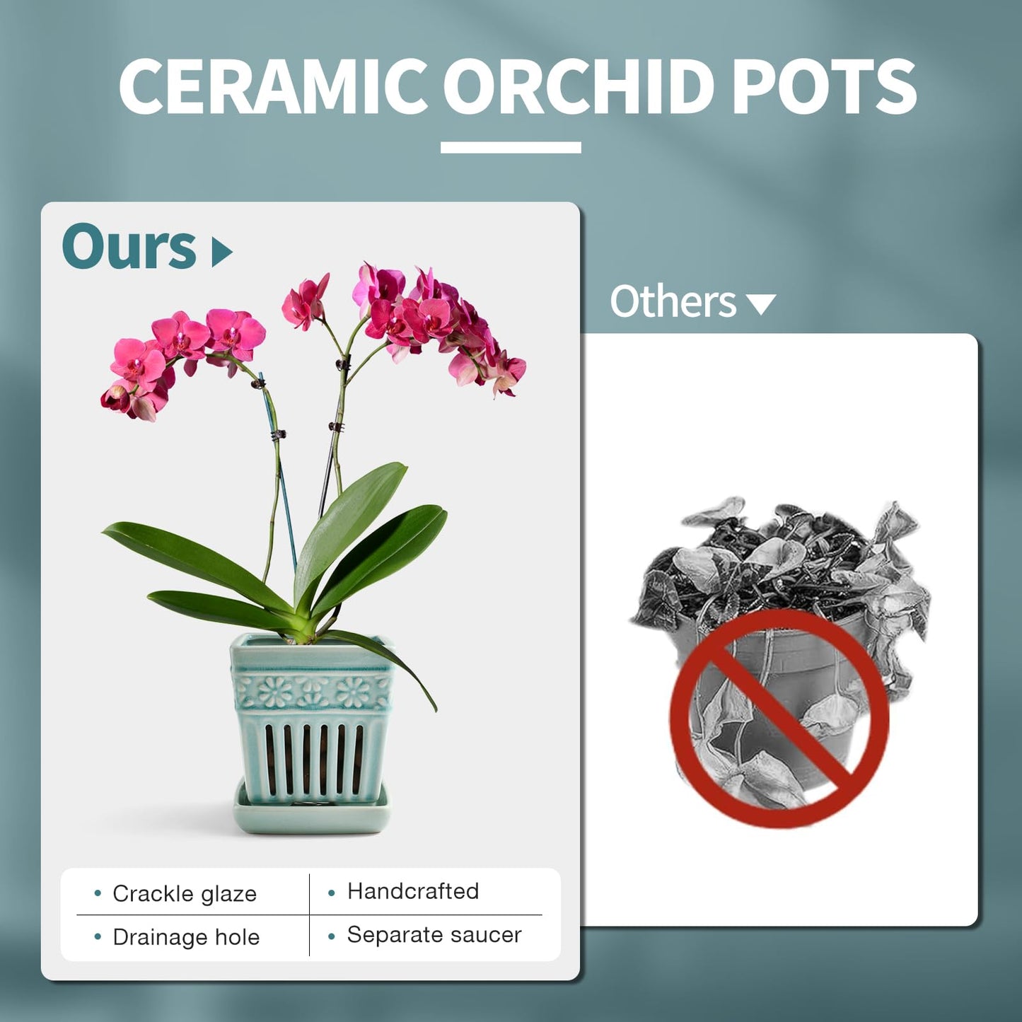 SUADEN Orchid Pots with Holes | 5" Ceramic Orchid Planter with Separate Saucer and Drainage Holes | Crackle Glazed Pottery Small Flower Pot for Repotting Orchids（Blue）"