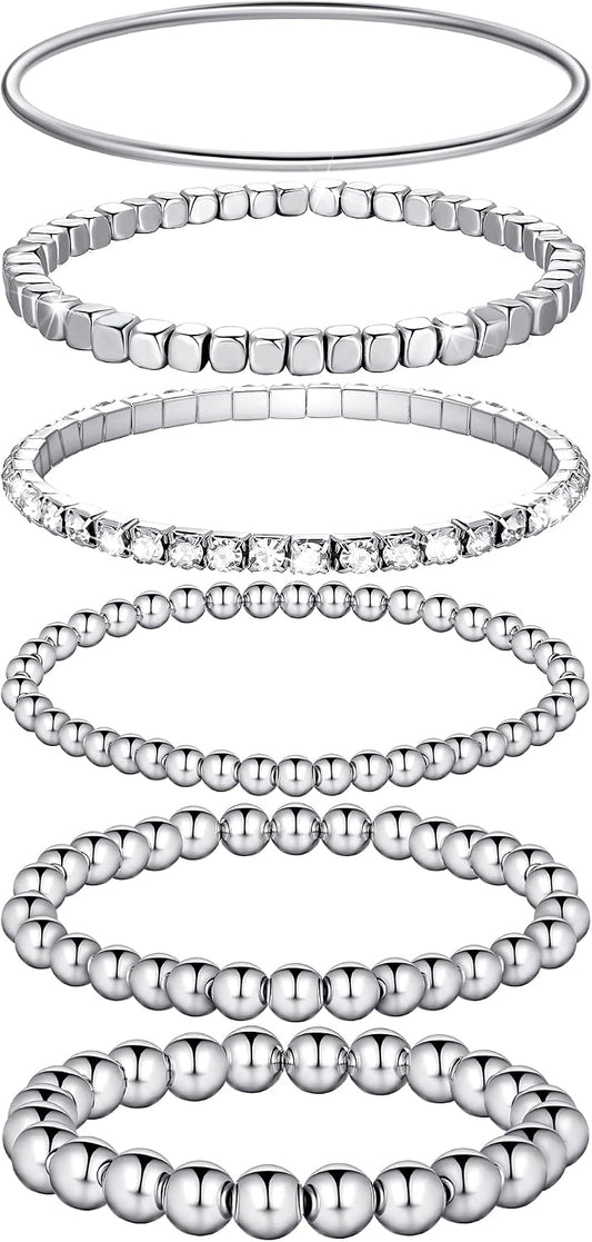 6 Pcs Beaded Bracelets for Women Stackable Elastic Bead Ball Sets Thin Bangle Stretch Cubic Bead Tennis Bracelet with Round Moissanite