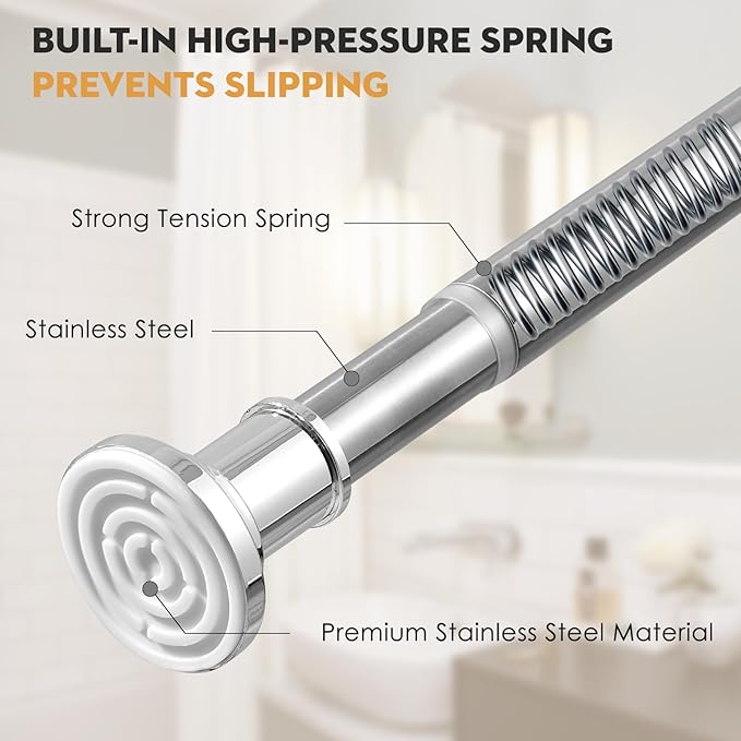 Silver Long Curtain RodTension Shower Curtain Rods 30 to100 inch Adjustable Spring Heavy Duty Rods for Bathroom Windows Outdoor No Drill No Slip Stainless Steel