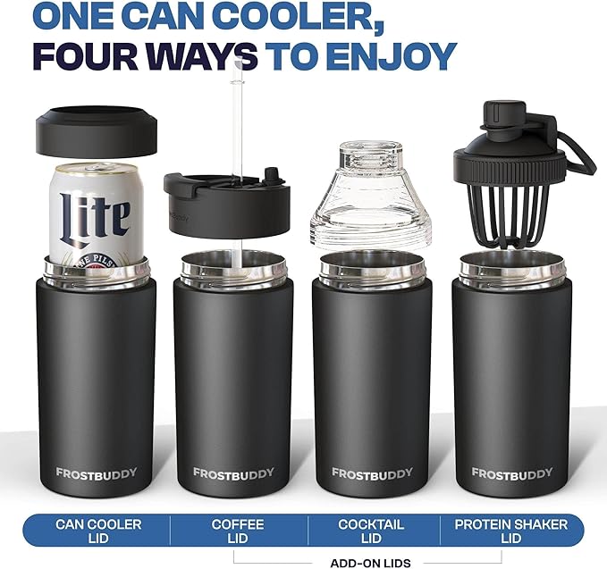 Frost Buddy Universal Buddy Can Cooler - Fits All - For Regular 12 & 16 oz or Slim-Size Bottles - Insulated Double -Walled Stainless Steel (All white)