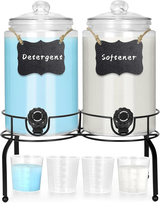 Glass Laundry Detergent Dispenser 1 Gallon 2 Pack, 2 Gallon Laundry Soap Dispenser with Stand, Glass Jars Laundry Containers for Laundry Room Organization & Storage