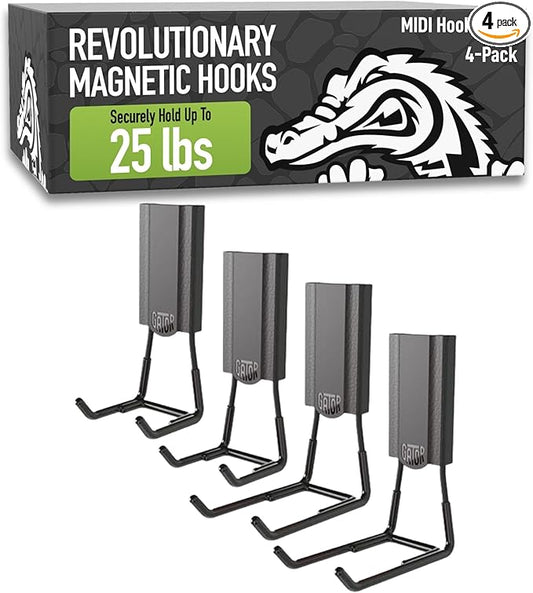 GATOR MAGNETICS MIDI 2.5 & 4" Open Hooks, 25 lb Heavy Duty Magnetic Hooks for Steel Surfaces, Patented Easy-Release, Non-Slip Grip â Storage & Organization, Garage, Shed, Home, Cleaning Tools -4 Pack