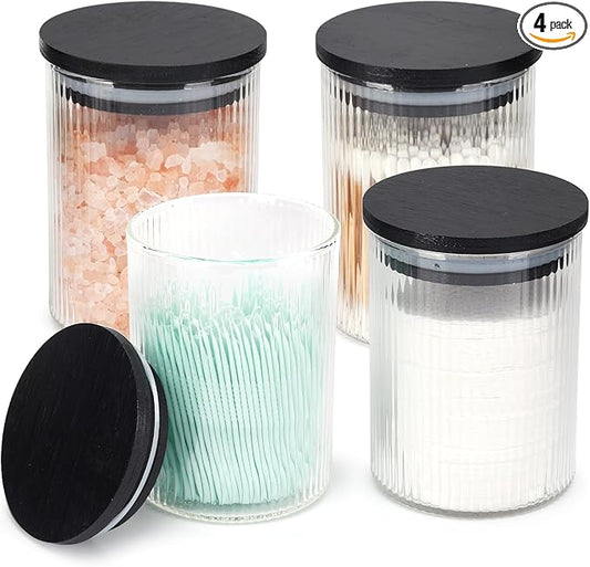 4 Pack Glass Qtip Holder Dispenser Set - Apothecary Jars with Lids for Vanity Makeup Organizer - Bathroom Canister Storage Organizer for Cotton Ball, Swab, Round Pads,Floss