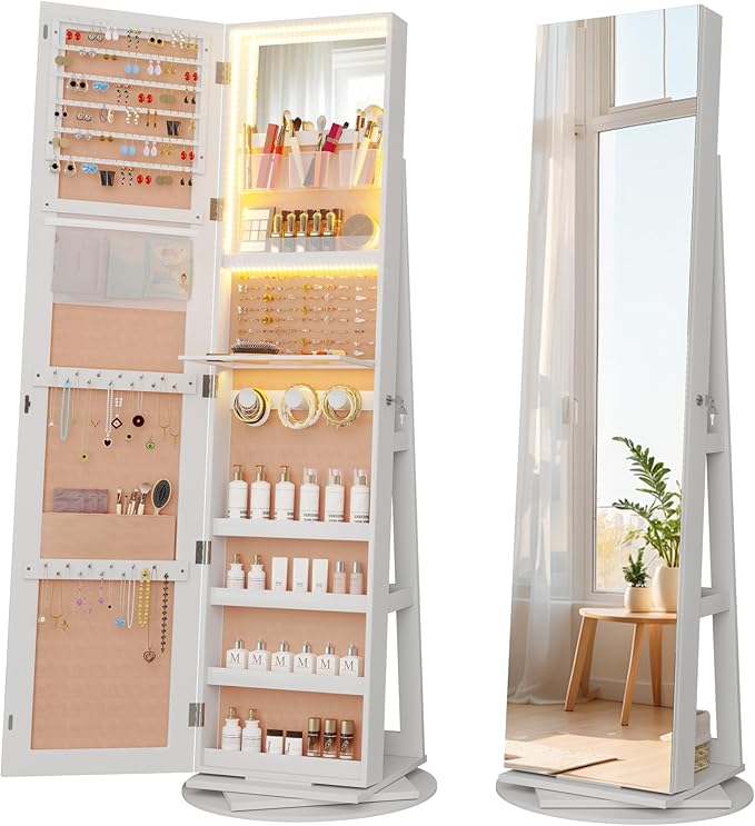 Vlsrka 360Â° Swivel Mirror Jewelry Cabinet, Large Jewelry Armoire Cabinet Standing, Lockable Full Length Mirror with Storage, 3 LED Lights, Foldable Makeup Shelf, Beige Velvet, White
