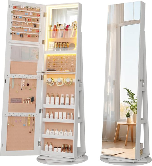 Vlsrka 360Â° Swivel Mirror Jewelry Cabinet, Large Jewelry Armoire Cabinet Standing, Lockable Full Length Mirror with Storage, 3 LED Lights, Foldable Makeup Shelf, Beige Velvet, White