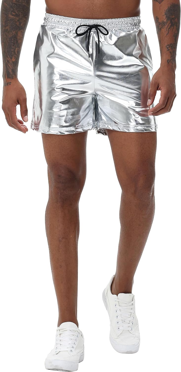 NewL Mens Gold Metallic Shiny Rave Night Club Shorts Comfort Sweatpants Disco Dance Party Elastic Trousers