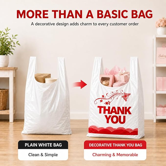 YoYoRain 1000PCS White “Thank You” T-Shirt Bags – Reusable & Disposable Grocery and Supermarket Shopping Bags, 11"x6"x21"